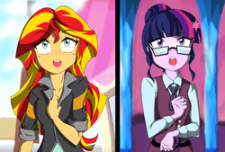 Size: 2400x1626 | Tagged: safe, artist:trainbang, imported from derpibooru, sci-twi, sunset shimmer, twilight sparkle, human, equestria girls, clothes, crystal prep academy uniform, female, homesick, homesick shimmer, looking up, my little pony equestria girls: friendship games, open mouth, scene interpretation, school uniform, what more is out there