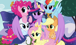 Size: 2400x1432 | Tagged: safe, artist:spindlespice, imported from derpibooru, applejack, fluttershy, pinkie pie, rainbow dash, rarity, twilight sparkle, alicorn, earth pony, pegasus, pony, unicorn, the last problem, female, horn, mane six, mane six opening poses, mare, my little pony, older, older applejack, older fluttershy, older mane six, older pinkie pie, older rainbow dash, older rarity, older twilight, twilight sparkle (alicorn)