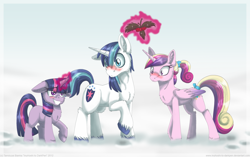 Size: 2788x1752 | Tagged: safe, artist:inuhoshi-to-darkpen, imported from derpibooru, princess cadance, shining armor, twilight sparkle, alicorn, pony, unicorn, blushing, chest fluff, female, filly, foal, holly, holly mistaken for mistletoe, horn, male, shiningcadance, shipper on deck, shipping, snow, straight, teen princess cadance, teenage shining armor, twilight the shipper, unshorn fetlocks