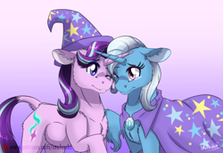 Size: 1920x1320 | Tagged: safe, artist:inuhoshi-to-darkpen, imported from derpibooru, starlight glimmer, trixie, classical unicorn, pony, unicorn, no second prances, season 6, accessory swap, cloven hooves, crying, female, horn, horns are touching, leonine tail, lesbian, mare, my little pony, patreon, patreon logo, shipping, startrix, tail, unshorn fetlocks