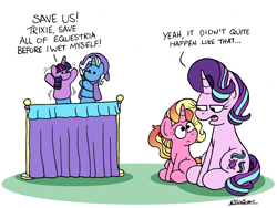 Size: 2400x1800 | Tagged: safe, artist:bobthedalek, imported from derpibooru, luster dawn, starlight glimmer, trixie, twilight sparkle, pony, unicorn, atg 2022, cute, dialogue, diatrixes, female, filly, foal, glimmerbetes, horn, inconvenient trixie, luster dawn is starlight's and sunburst's daughter, lusterbetes, magic wand, mare, mother and child, mother and daughter, narcissism, newbie artist training grounds, offspring, parent:starlight glimmer, parent:sunburst, parents:starburst, puppet, puppet show, selfish, simple background, sitting, starlight glimmer is not amused, twiabetes, unamused, wand, white background