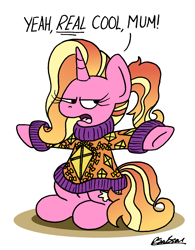 Size: 1178x1510 | Tagged: safe, artist:bobthedalek, imported from derpibooru, luster dawn, starlight glimmer, pony, unicorn, clothes, female, horn, implied starlight glimmer, kite, luster dawn is not amused, luster dawn is starlight's and sunburst's daughter, mare, mothers gonna mother, offspring, parent:starlight glimmer, parent:sunburst, parents:starburst, sarcasm, sarcastic, solo, sweater, that pony sure does love kites, unamused