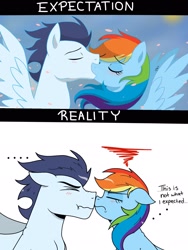 Size: 1536x2048 | Tagged: safe, artist:pimpartist101, imported from derpibooru, rainbow dash, soarin', pegasus, pony, ..., :t, boop, comic, cute, dashabetes, expectation vs reality, eyes closed, female, floppy ears, frown, horse problems, kiss on the lips, kissing, male, mare, nose wrinkle, noseboop, nuzzling, scrunchy face, shipping, so close, soarinbetes, soarindash, spread wings, stallion, straight, wings