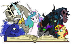 Size: 1418x883 | Tagged: safe, artist:dubsteppegasister, artist:mickeymonster, imported from derpibooru, discord, king sombra, lord tirek, princess celestia, princess luna, queen chrysalis, sunset shimmer, alicorn, centaur, changeling, changeling queen, draconequus, pony, taur, unicorn, antagonist, book, female, horn, male, mare, missing accessory, reading, stallion