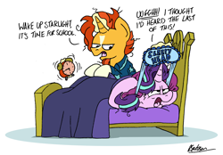 Size: 2258x1571 | Tagged: safe, artist:bobthedalek, imported from derpibooru, starlight glimmer, sunburst, pony, unicorn, bed, bed mane, blaze (coat marking), clothes, coat markings, covering ears, facial markings, horn, implied shipping, implied starburst, implied straight, male, morning ponies, pajamas, pillow, simple background, sleep mask, socks (coat markings), stallion, tired, white background