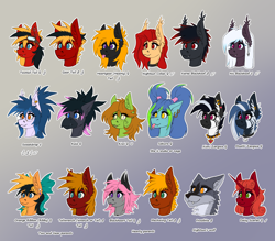 Size: 4000x3500 | Tagged: safe, artist:twotail813, imported from derpibooru, oc, oc only, oc:gear, oc:hearty, oc:nightsun, oc:nis blackhoof, oc:sweetdrop, oc:twotail, oc:xarxe blackhoof, bat pony, earth pony, griffon, pegasus, pony, unicorn, wolf, zebra, beak, collar, ear piercing, earring, female, horn, jewelry, male, necklace, piercing, simple background, tongue out, zebra oc