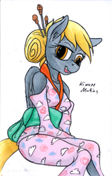 Size: 765x1200 | Tagged: safe, artist:sepiakeys, imported from derpibooru, derpy hooves, anthro, clothes, kimono (clothing), solo, traditional art