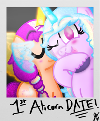 Size: 693x838 | Tagged: safe, artist:jesslmc16, imported from derpibooru, izzy moonbow, sunny starscout, alicorn, pony, :3, alicornified, blushing, cheek kiss, duo, female, g5, glowing, glowing cutie mark, glowing horn, glowing wings, horn, izzy rainbow, izzycorn, kissing, lesbian, mane stripe sunny, mare, moonscout, polaroid, race swap, raised hoof, shipping, sunnycorn, wings