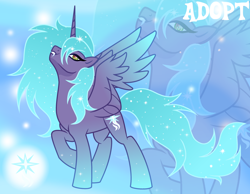 Size: 1280x993 | Tagged: safe, artist:vi45, imported from derpibooru, oc, oc only, alicorn, pony, base used, blue mane, blue tail, blue wingtips, colored wings, colored wingtips, cyan mane, cyan tail, ethereal mane, ethereal tail, eyelashes, fangs, gradient background, gradient eyes, gradient legs, gradient wings, horn, lidded eyes, long horn, long mane male, looking back, male, male alicorn, male alicorn oc, male oc, purple coat, raised head, raised hoof, smiling, solo, sparkles, sparkly legs, sparkly mane, sparkly tail, spread wings, stallion, stallion oc, standing, standing on three hooves, swirly eyes, tail, two toned wings, unicorn horn, wings, zoom layer