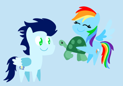 Size: 3553x2499 | Tagged: safe, anonymous artist, derpibooru exclusive, imported from derpibooru, rainbow dash, soarin', tank, pegasus, pony, turtle, series:soarindash relationship, series:soarindash romantic tales, animal, carrying, female, flying, male, mare, pointy ponies, shipping, soarindash, stallion, straight