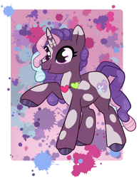 Size: 3360x4304 | Tagged: safe, artist:annuthecatgirl, imported from derpibooru, unicorn, spoiler:g5, dreadlocks, g5, horn, jewelry, necklace, paint splatter, raised hoof, simple background, solo, unshorn fetlocks, violette rainbow, vitiligo