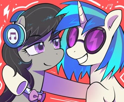 Size: 2690x2215 | Tagged: safe, artist:goldenage2049, imported from derpibooru, dj pon-3, octavia melody, vinyl scratch, earth pony, pony, unicorn, female, horn, lesbian, looking at each other, looking at someone, scratchtavia, shipping, smiling, smiling at each other