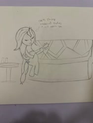 Size: 3024x4032 | Tagged: safe, imported from derpibooru, sunset shimmer, unicorn, couch, guitar, horn, musical instrument, pencil drawing, singing, traditional art