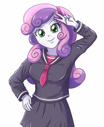 Size: 2211x2713 | Tagged: safe, artist:sumin6301, imported from derpibooru, sweetie belle, human, equestria girls, clothes, female, looking at you, peace sign, sailor uniform, school uniform, simple background, skirt, smiling, solo, uniform, white background