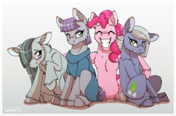 Size: 1908x1252 | Tagged: safe, artist:inuhoshi-to-darkpen, artist:jeatz-axl, imported from derpibooru, limestone pie, marble pie, maud pie, pinkie pie, earth pony, pony, hearthbreakers, season 5, blushing, female, fluffy, gradient background, gray background, grin, group, mare, my little pony, pie sisters, quartet, siblings, simple background, sisters, sitting, smiling, unshorn fetlocks