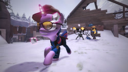 Size: 827x467 | Tagged: safe, artist:will-cube, imported from derpibooru, applejack, twilight sparkle, 3d, engiejack, engineer (tf2), sentry gun, sniper (tf2), snow, snowball, snowball fight, source filmmaker, team fortress 2, twilight sniper