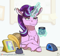 Size: 1600x1503 | Tagged: safe, artist:inuhoshi-to-darkpen, imported from derpibooru, starlight glimmer, pony, unicorn, marks for effort, season 8, spoiler:s08, :i, chocolate, crossed hooves, cup, drink, ear flick, empathy cocoa, eyebrows, eyebrows visible through hair, female, food, geode, glowing, glowing horn, guidance counselor, horn, hot chocolate, i mean i see, magic, magic aura, mare, marshmallow, my little pony, scene interpretation, solo, starlight's office, telekinesis, unshorn fetlocks