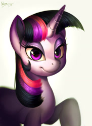 Size: 2087x2873 | Tagged: safe, artist:shira-hedgie, imported from derpibooru, twilight sparkle, pony, unicorn, bust, female, grin, horn, lidded eyes, looking at you, mare, portrait, raised hoof, shading, signature, simple background, smiling, solo, unicorn twilight, white background