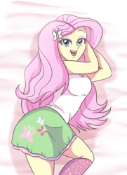 Size: 1024x1415 | Tagged: safe, artist:sumin6301, imported from derpibooru, fluttershy, human, equestria girls, arm behind head, bedroom eyes, clothes, cute, female, miniskirt, open mouth, shyabetes, skirt, smiling, smirk, socks, solo, tanktop, teenager