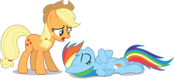 Size: 9812x4464 | Tagged: safe, artist:creedyboy124, imported from derpibooru, applejack, rainbow dash, earth pony, pegasus, pony, angry, applejack's hat, cowboy hat, duo, duo female, eyes closed, female, folded wings, hat, lying down, mare, simple background, transparent background, wings