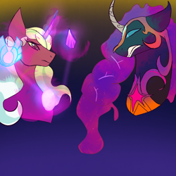 Size: 1280x1280 | Tagged: safe, imported from derpibooru, opaline arcana, sunny starscout, alicorn, lullaby for a princess, angry, artificial alicorn, banishment, crystal, curved horn, earth pony crystal, fire alicorn, g5, horn, nightmare moon armor, nightmarified, pegasus crystal, sad, starless sky, unicorn crystal, unity crystals