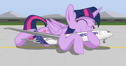 Size: 1920x1003 | Tagged: safe, artist:buckweiser, imported from derpibooru, twilight sparkle, alicorn, pony, airport, boeing, boeing 777, cute, equestrian airlines, female, giant pony, hug, macro, mare, mega twilight sparkle, plane, snuggling, solo, twiabetes, twilight sparkle (alicorn)