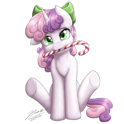 Size: 2217x2216 | Tagged: safe, artist:novaintellus, imported from derpibooru, sweetie belle, pony, unicorn, adult, bow, bowtie, candy, candy cane, chest fluff, cute, diasweetes, female, filly, foal, food, hair bow, horn, looking at you, mare, mouth hold, simple background, sitting, solo, transparent background