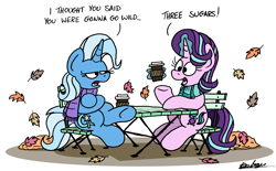 Size: 2441x1518 | Tagged: safe, artist:bobthedalek, imported from derpibooru, starlight glimmer, trixie, pony, unicorn, autumn, chair, clothes, coffee, crossed hooves, crossed legs, cup, dialogue, duo, duo female, female, horn, leaves, magic, mare, scarf, table, trixie is not amused, unamused