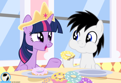 Size: 6000x4125 | Tagged: safe, artist:creedyboy124, imported from derpibooru, twilight sparkle, oc, alicorn, pegasus, pony, background, chewing, crown, donut, duo, eating, female, folded wings, food, horn, jewelry, looking at each other, looking at someone, male, mare, pegasus oc, regalia, stallion, stallion oc, twilight sparkle (alicorn), wings