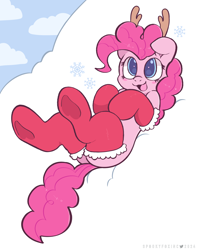 Size: 1748x2210 | Tagged: safe, artist:spookyfoxinc, imported from derpibooru, pinkie pie, earth pony, antlers, christmas, clothes, festive, giggling, heart, heart eyes, hearth's warming, holiday, simple background, snow, socks, solo, wingding eyes, winter