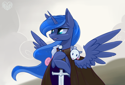 Size: 1200x821 | Tagged: safe, artist:meekcheep, imported from derpibooru, princess luna, tiberius, alicorn, opossum, pony, a song of ice and fire, crossover, eddard stark, female, game of thrones, mare, ned stark, spread wings, wings, winter is coming