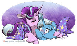 Size: 1890x1134 | Tagged: safe, artist:inuhoshi-to-darkpen, imported from derpibooru, starlight glimmer, trixie, pony, unicorn, blushing, cape, clothes, cuddling, eyes closed, female, hat, horn, lesbian, mare, nuzzling, shipping, simple background, startrix, transparent background, trixie's cape, trixie's hat, unshorn fetlocks