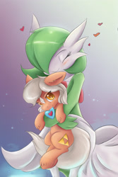 Size: 2400x3600 | Tagged: safe, artist:ardail, imported from derpibooru, earth pony, gardevoir, pony, blushing, colored pupils, crossover, cute, duo, epona, eponadorable, eyes closed, female, floppy ears, fluffy, heart, heart container, holding a pony, hug, lidded eyes, looking at you, mare, mouth hold, nintendo, nom, phone wallpaper, piece of heart, pokémon, ponified, smiling, the legend of zelda, unshorn fetlocks