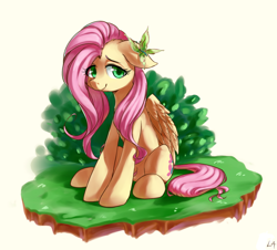 Size: 1370x1240 | Tagged: safe, artist:luciferamon, imported from derpibooru, fluttershy, butterfly, pony, cute, dirt cube, female, lidded eyes, looking at you, mare, shyabetes, simple background, sitting, smiling, solo