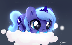 Size: 3082x1945 | Tagged: safe, artist:sverre93, imported from derpibooru, princess luna, alicorn, pony, chibi, cloud, cute, female, filly, filly luna, foal, hoof shoes, looking down, lunabetes, solo, sverre is trying to murder us, watermark, woona, younger