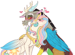 Size: 2855x2100 | Tagged: safe, artist:stepandy, imported from derpibooru, discord, princess celestia, alicorn, draconequus, pony, colored sketch, crown, dislestia, duo, female, hug, jewelry, male, mare, necklace, regalia, shipping, simple background, sketch, straight, transparent background