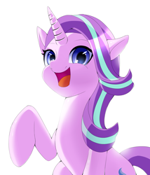 Size: 2266x2646 | Tagged: safe, artist:suziouwabami, imported from derpibooru, starlight glimmer, pony, unicorn, cute, female, glimmerbetes, horn, looking at you, mare, open mouth, raised hoof, simple background, smiling, solo, white background