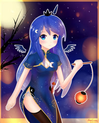 Size: 1600x2000 | Tagged: safe, artist:vanillafox2035, imported from derpibooru, princess luna, human, cheongsam, chinese new year, clothes, dress, female, horn, horned humanization, humanized, looking at you, lunar new year, panties, side knot underwear, side slit, socks, solo, thigh highs, underwear, white underwear, winged humanization, wings