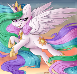 Size: 1024x984 | Tagged: safe, artist:sk-ree, imported from derpibooru, princess celestia, alicorn, pony, chibi, crown, female, hoof shoes, jewelry, mare, peytral, regalia, solo, spread wings, wings