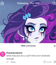 Size: 1080x1270 | Tagged: safe, artist:libbly_libby, imported from derpibooru, pinkie pie, rarity, equestria girls, alternate hairstyle, crying, ear piercing, earring, eyeshadow, female, jewelry, lipstick, makeup, mascara, meme, messy hair, piercing, ponified meme, running makeup, solo, tiktok