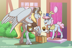 Size: 1024x683 | Tagged: safe, artist:inuhoshi-to-darkpen, imported from derpibooru, derpy hooves, pearly stitch, earth pony, pegasus, pony, bag, box, door, duo, ear fluff, eye clipping through hair, feathered fetlocks, female, food, hat, mail, mailbag, mailmare, mailmare uniform, mare, muffin, older, open mouth, package, smiling, underhoof, unshorn fetlocks, window