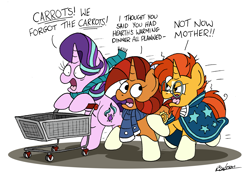 Size: 2483x1764 | Tagged: safe, artist:bobthedalek, imported from derpibooru, starlight glimmer, stellar flare, sunburst, pony, unicorn, blaze (coat marking), clothes, coat markings, facial markings, female, horn, male, mare, mother and child, mother and son, mothers gonna mother, panic, running, scarf, shopping cart, simple background, socks (coat markings), stallion, sunburst is not amused, that pony sure does love plans, trio, unamused, white background