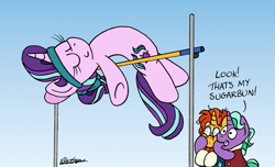 Size: 1968x1200 | Tagged: safe, artist:bobthedalek, imported from derpibooru, firelight, starlight glimmer, sunburst, pony, unicorn, atg 2022, blaze (coat marking), cheek squish, coat markings, elegant, excited, eyes closed, facial markings, father and child, father and daughter, fathers gonna father, female, fosbury flop, gradient background, gymnastics, happy, headband, high jump, horn, jumping, male, mare, newbie artist training grounds, shrunken pupils, socks (coat markings), sports, squishy cheeks, stallion, trio