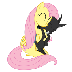 Size: 2449x2449 | Tagged: safe, artist:xyotic, imported from derpibooru, fluttershy, changeling, pegasus, pony, ^^, cuddling, cute, cuteling, duo, eyes closed, female, hug, mare, shyabetes, simple background, smiling, snuggling, spooning, transparent background, vector