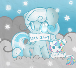 Size: 1200x1065 | Tagged: safe, artist:starlightlore, imported from derpibooru, oc, oc only, oc:lorelei, oc:snowdrop, pony, blind joke, cloud, cloudy, cute, female, filly, foal, mouth hold, ocbetes, sign, snow, snowbetes, snowfall