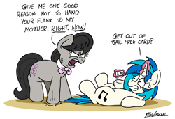 Size: 2300x1576 | Tagged: safe, artist:bobthedalek, imported from derpibooru, dj pon-3, octavia melody, vinyl scratch, earth pony, pony, unicorn, abuse, angry, card, cross-popping veins, emanata, female, glowing, glowing horn, horn, magic, mare, moments before disaster, monopoly, nervous, newbie artist training grounds, octavia is not amused, ragetavia, stomping, sweat, sweatdrop, telekinesis, this will end in tears, this will not end well, unamused, vinylbuse, yelling