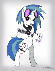 Size: 1537x2000 | Tagged: safe, artist:nevobaster, imported from derpibooru, dj pon-3, vinyl scratch, pony, unicorn, bipedal, dubstep gun, female, gun, headphones, hooves, horn, mare, saints row, saints row iv, smiling, solo, sunglasses, teeth, weapon