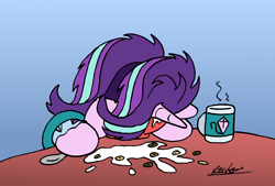 Size: 1308x882 | Tagged: safe, artist:bobthedalek, imported from derpibooru, starlight glimmer, pony, unicorn, atg 2022, bathrobe, bed mane, bowl, cereal, cheerios, clothes, faceplant, female, food, horn, kite, mare, milk, morning ponies, mug, newbie artist training grounds, pajamas, robe, solo, that pony sure does love kites, tired