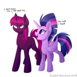 Size: 1575x1575 | Tagged: safe, artist:scarlet-spectrum, imported from derpibooru, tempest shadow, twilight sparkle, alicorn, pony, unicorn, my little pony: the movie, :t, alternate hairstyle, broken horn, colored pupils, cute, duo, eye scar, facial scar, female, hairstyle swap, horn, looking up, mane swap, mare, mohawk, open mouth, scar, simple background, smiling, tempestbetes, transparent background, twiabetes, twilight sparkle (alicorn)