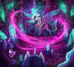 Size: 1500x1350 | Tagged: safe, artist:liliumena, imported from derpibooru, princess cadance, queen chrysalis, shining armor, twilight sparkle, alicorn, changeling, changeling queen, pony, unicorn, crystal, female, fusion, glowing, glowing horn, horn, laughing, magic, open mouth, raised hoof, smiling, sparkles, spread wings, wide eyes, wings